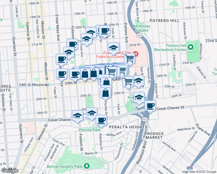 map of restaurants, bars, coffee shops, grocery stores, and more near 2647 Bryant Street in San Francisco