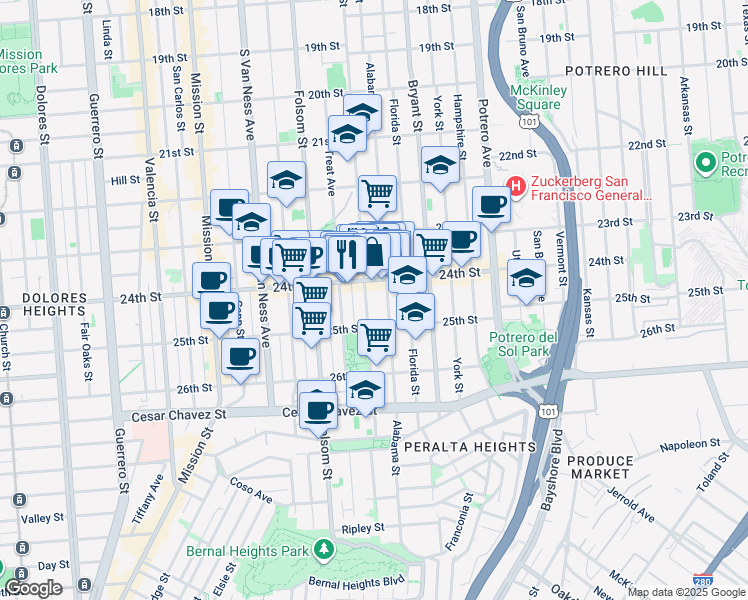 map of restaurants, bars, coffee shops, grocery stores, and more near in San Francisco