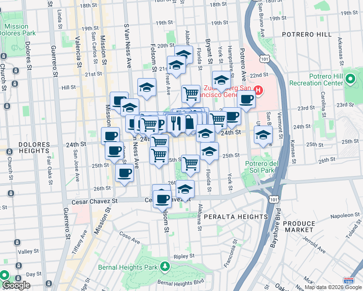 map of restaurants, bars, coffee shops, grocery stores, and more near in San Francisco