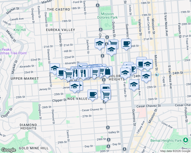 map of restaurants, bars, coffee shops, grocery stores, and more near 3812 24th Street in San Francisco