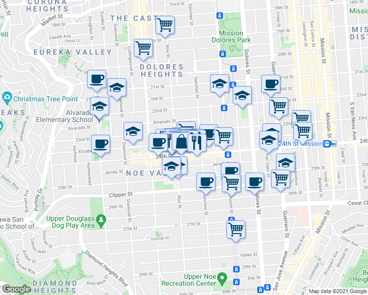 map of restaurants, bars, coffee shops, grocery stores, and more near 485 Elizabeth Street in San Francisco