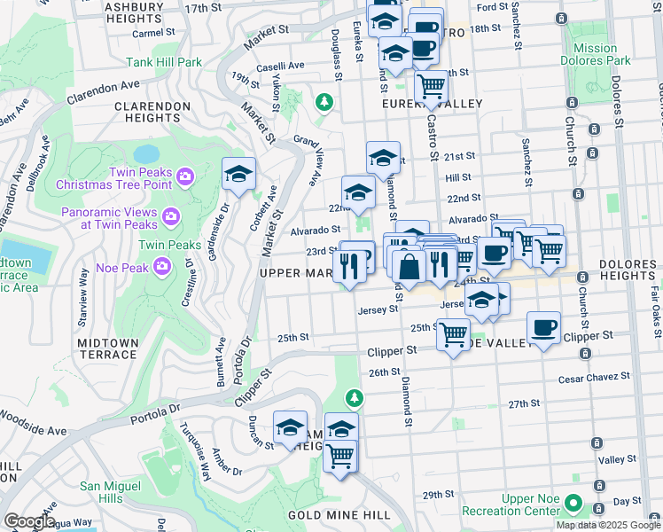 map of restaurants, bars, coffee shops, grocery stores, and more near 820 Elizabeth Street in San Francisco
