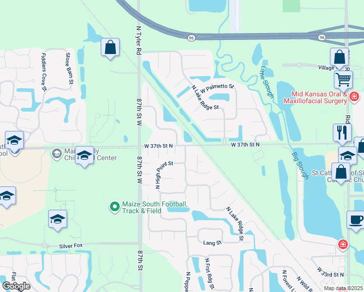 map of restaurants, bars, coffee shops, grocery stores, and more near 3802 Pepper Ridge in Wichita