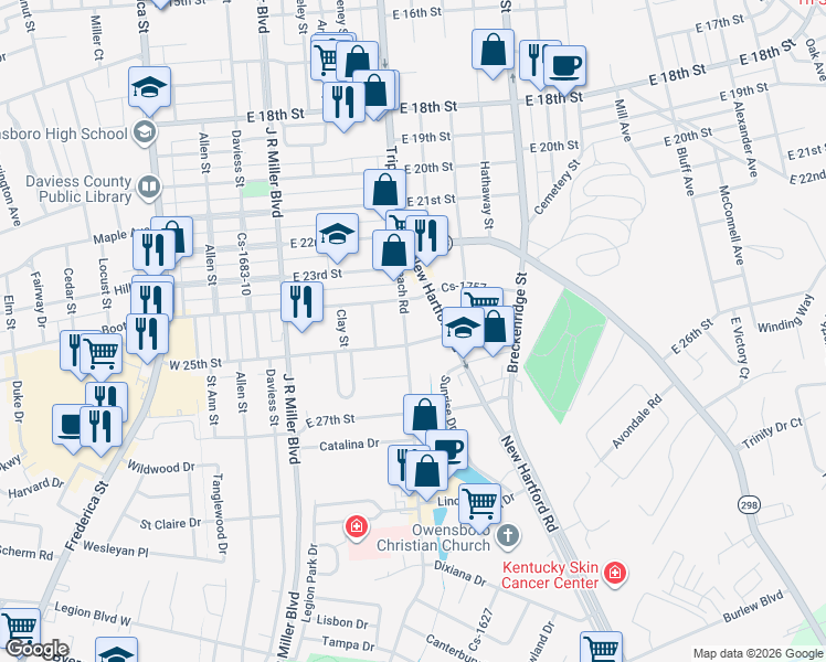 map of restaurants, bars, coffee shops, grocery stores, and more near 2425 Veach Road in Owensboro