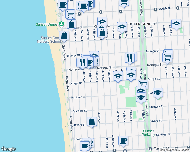 map of restaurants, bars, coffee shops, grocery stores, and more near 1855 44th Avenue in San Francisco