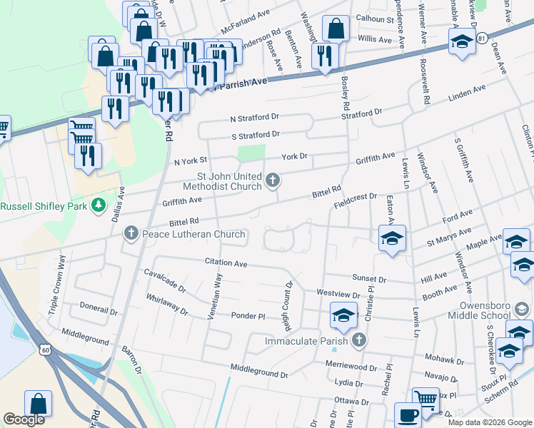 map of restaurants, bars, coffee shops, grocery stores, and more near 2214A Cs-1235 in Owensboro