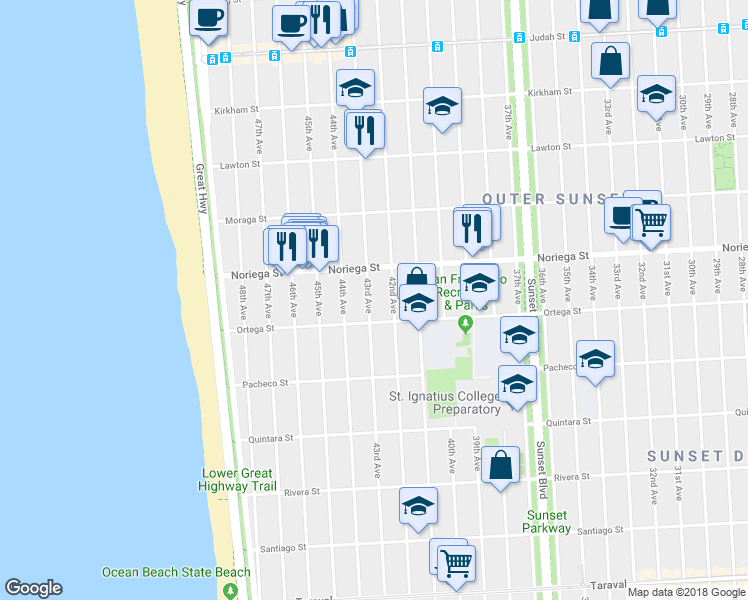 map of restaurants, bars, coffee shops, grocery stores, and more near 1858 43rd Avenue in San Francisco