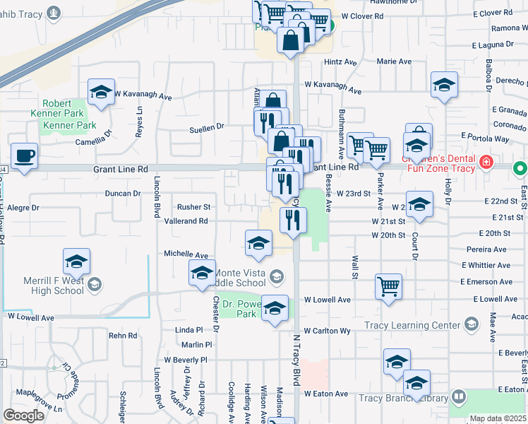 map of restaurants, bars, coffee shops, grocery stores, and more near 2162 Wildflower Court in Tracy