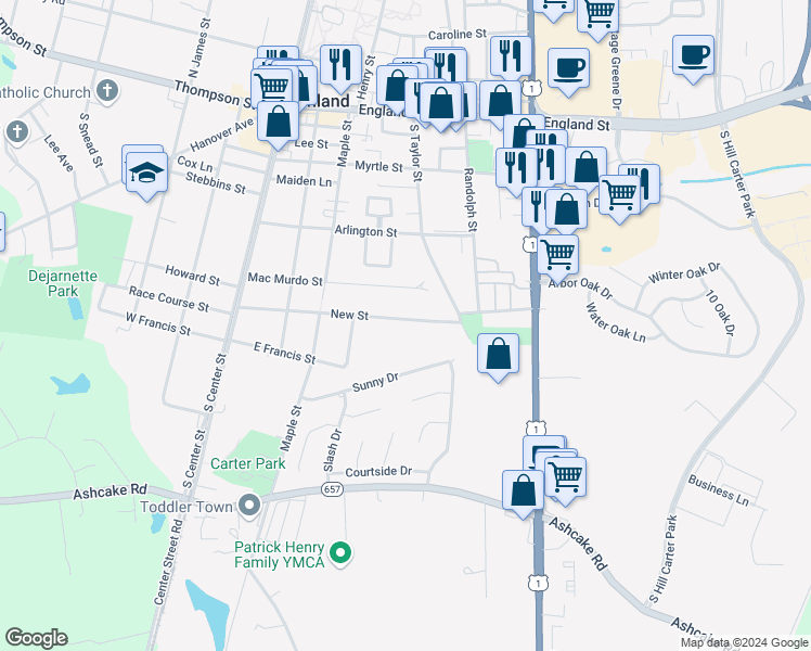 map of restaurants, bars, coffee shops, grocery stores, and more near 321 New Street in Ashland