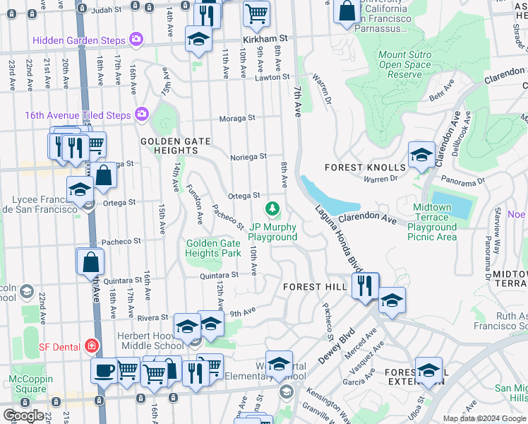 map of restaurants, bars, coffee shops, grocery stores, and more near 1943 9th Avenue in San Francisco