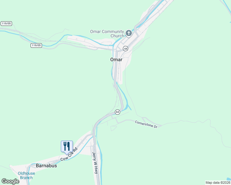 map of restaurants, bars, coffee shops, grocery stores, and more near 8572 Jerry West Highway in Omar