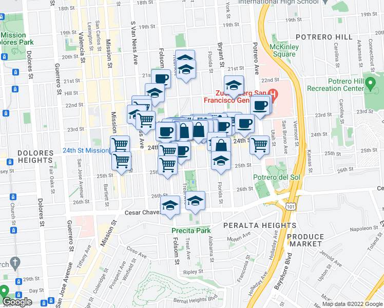 map of restaurants, bars, coffee shops, grocery stores, and more near 2987 24th Street in San Francisco