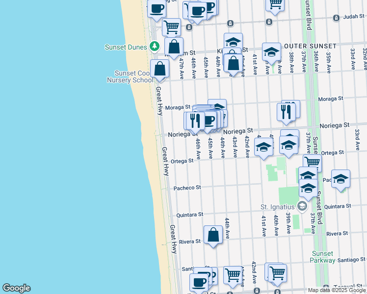 map of restaurants, bars, coffee shops, grocery stores, and more near 1847 47th Avenue in San Francisco