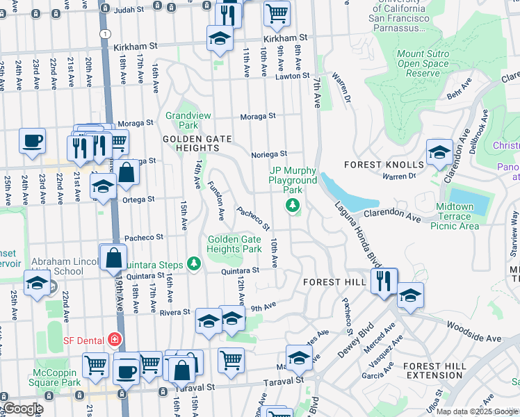 map of restaurants, bars, coffee shops, grocery stores, and more near 1950 11th Avenue in San Francisco