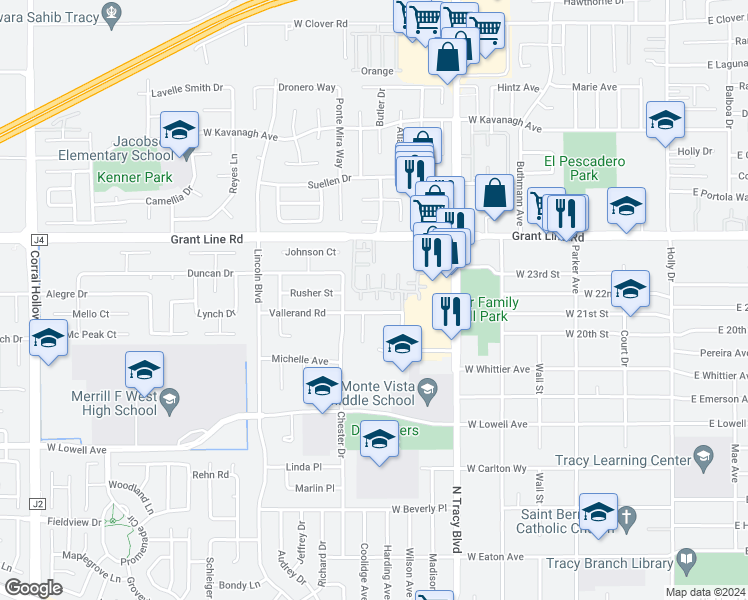 map of restaurants, bars, coffee shops, grocery stores, and more near 2157 Wynngate Court in Tracy