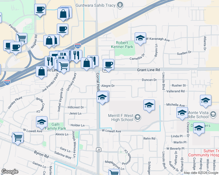 map of restaurants, bars, coffee shops, grocery stores, and more near 1920 Alegre Drive in Tracy