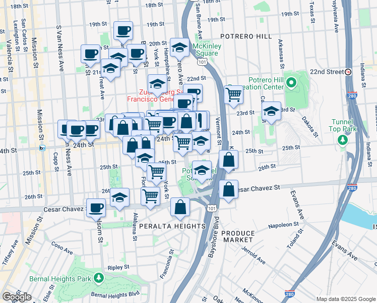 map of restaurants, bars, coffee shops, grocery stores, and more near 1281 Potrero Avenue in San Francisco