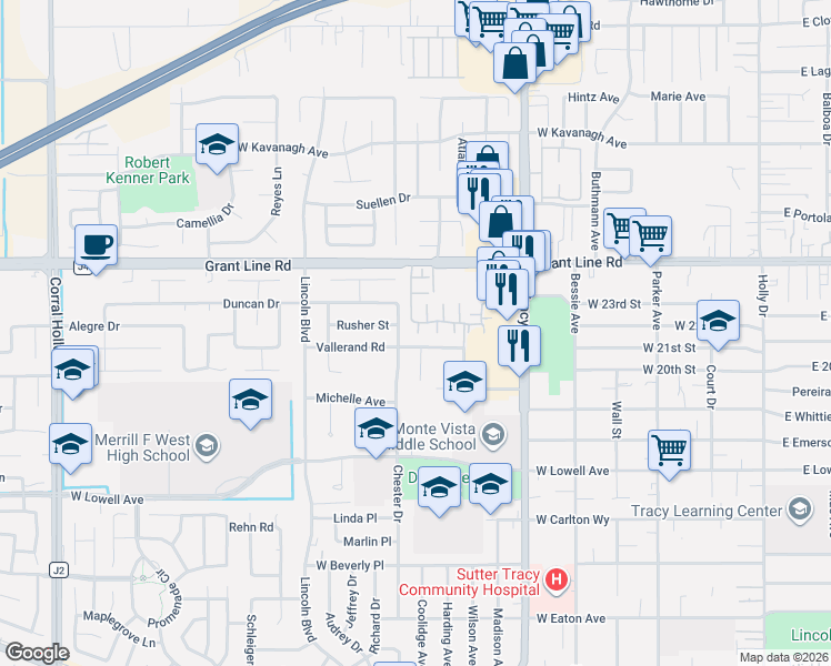 map of restaurants, bars, coffee shops, grocery stores, and more near in Tracy