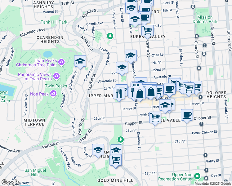 map of restaurants, bars, coffee shops, grocery stores, and more near 820 Elizabeth Street in San Francisco