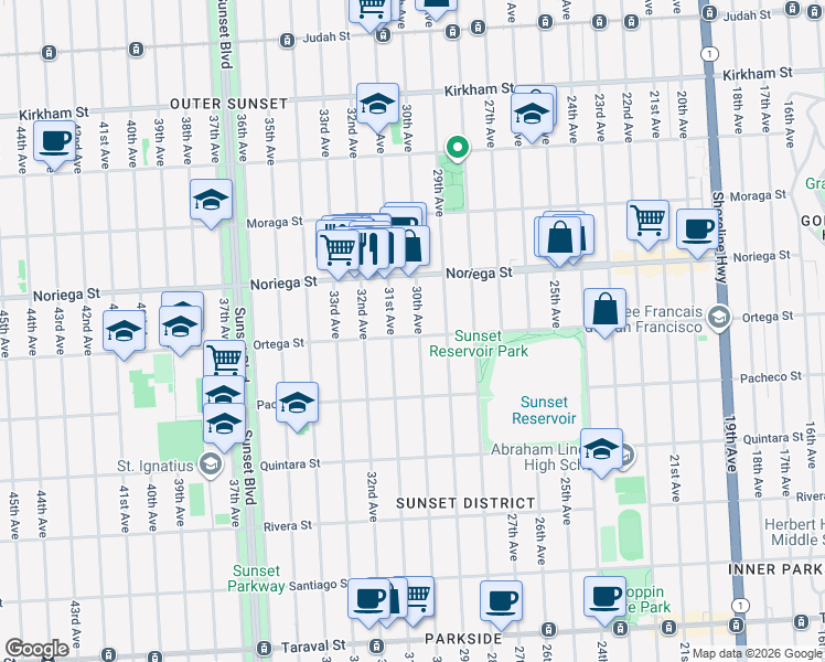 map of restaurants, bars, coffee shops, grocery stores, and more near 2300 Ortega Street in San Francisco