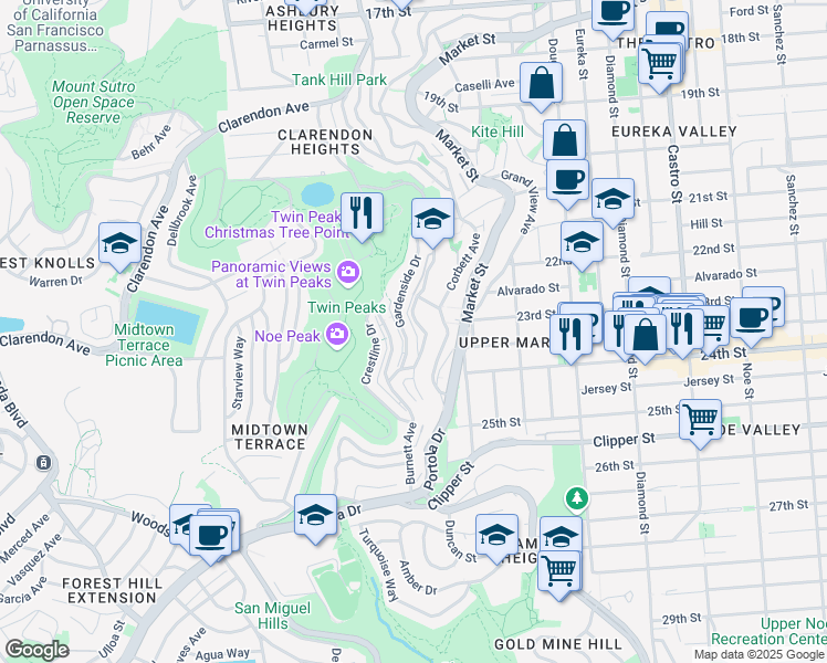 map of restaurants, bars, coffee shops, grocery stores, and more near 36 Gardenside Drive in San Francisco