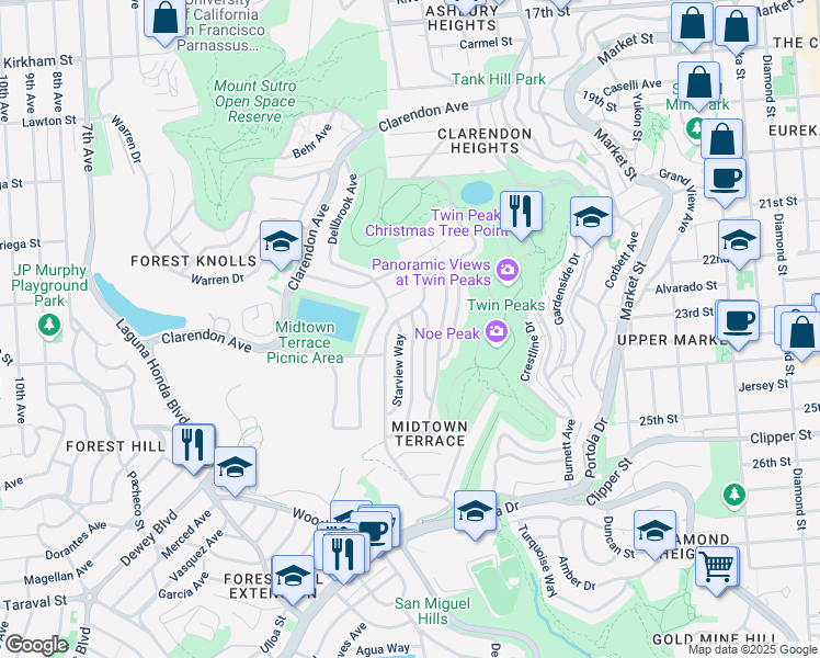 map of restaurants, bars, coffee shops, grocery stores, and more near 135 Knollview Way in San Francisco
