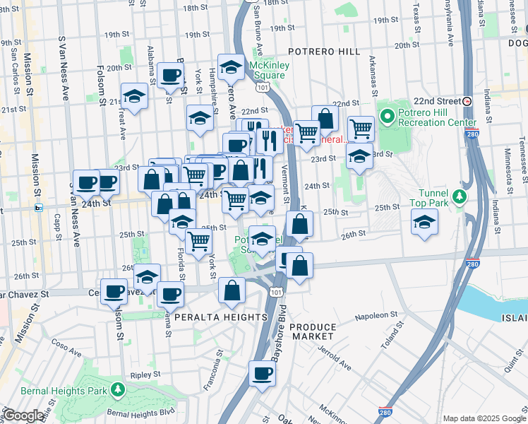 map of restaurants, bars, coffee shops, grocery stores, and more near 2616 25th Street in San Francisco