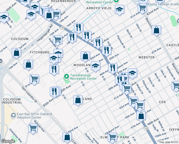 map of restaurants, bars, coffee shops, grocery stores, and more near 8426 B Street in Oakland