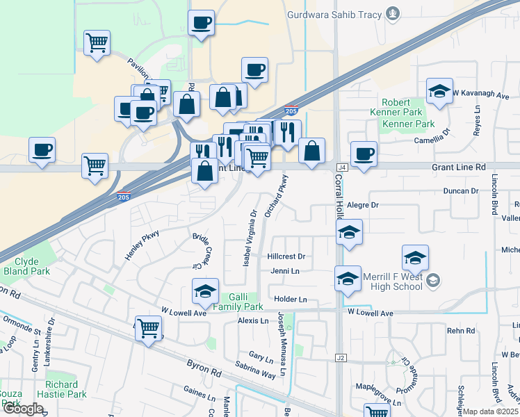 map of restaurants, bars, coffee shops, grocery stores, and more near 2206 Isabel Virginia Drive in Tracy