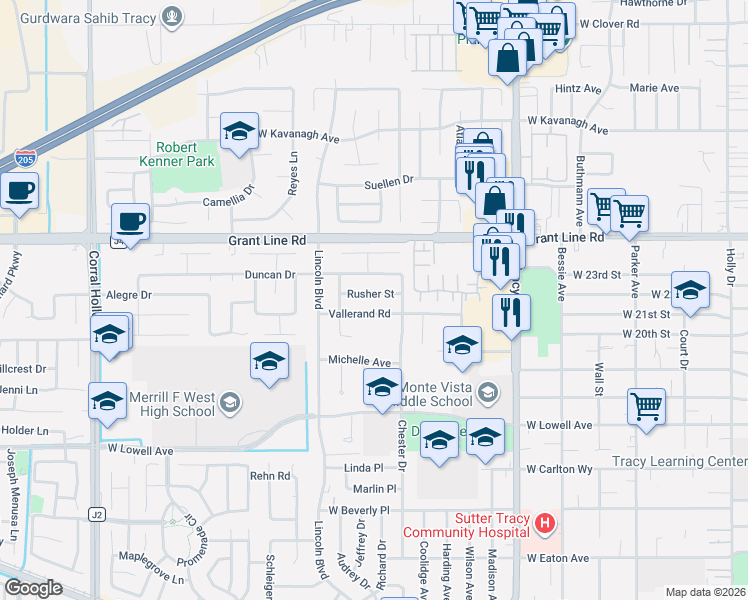 map of restaurants, bars, coffee shops, grocery stores, and more near 1196 Rusher Street in Tracy