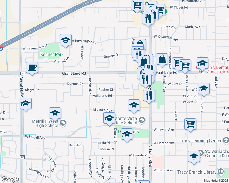 map of restaurants, bars, coffee shops, grocery stores, and more near 1100 Rusher Street in Tracy