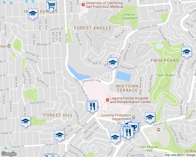map of restaurants, bars, coffee shops, grocery stores, and more near 672 Clarendon Avenue in San Francisco