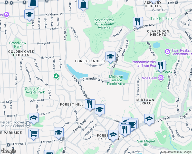 map of restaurants, bars, coffee shops, grocery stores, and more near 672 Clarendon Avenue in San Francisco