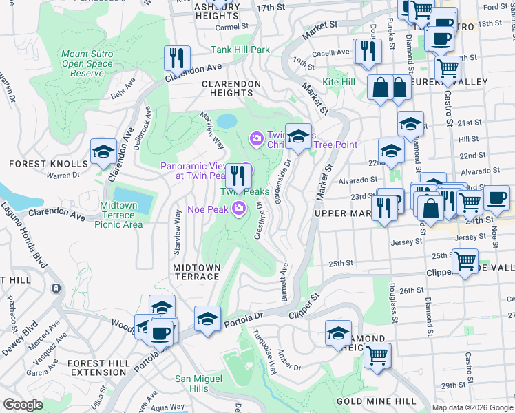 map of restaurants, bars, coffee shops, grocery stores, and more near 80 Crestline Drive in San Francisco