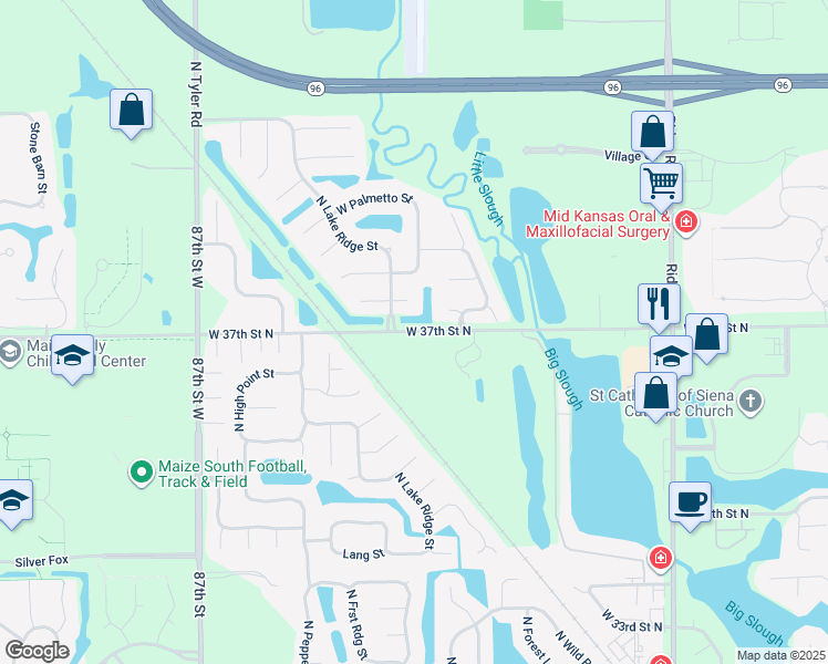 map of restaurants, bars, coffee shops, grocery stores, and more near West 37th Street North in Wichita