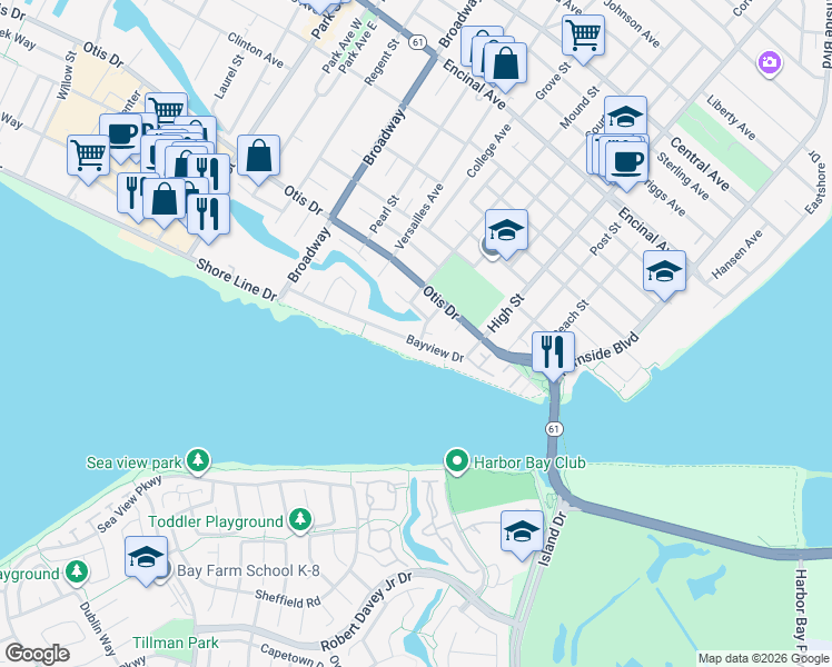 map of restaurants, bars, coffee shops, grocery stores, and more near 302 Court Street in Alameda