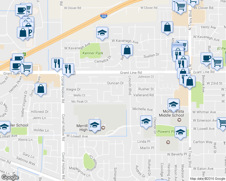 map of restaurants, bars, coffee shops, grocery stores, and more near 2160 Cooper Road in Tracy