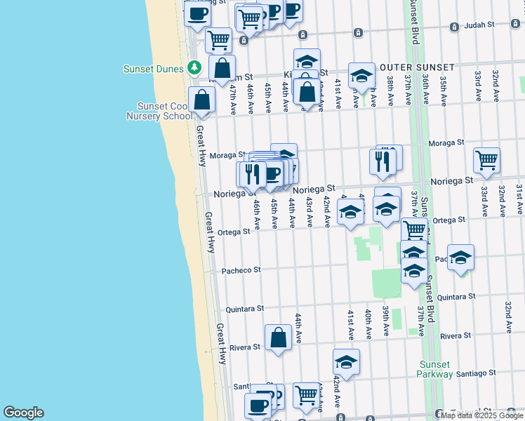 map of restaurants, bars, coffee shops, grocery stores, and more near 1846 46th Avenue in San Francisco