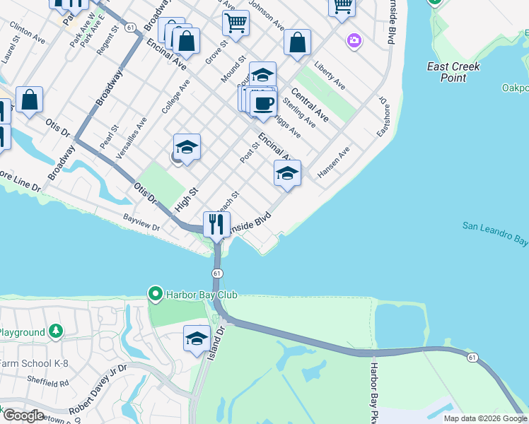 map of restaurants, bars, coffee shops, grocery stores, and more near 3291 Washington Street in Alameda