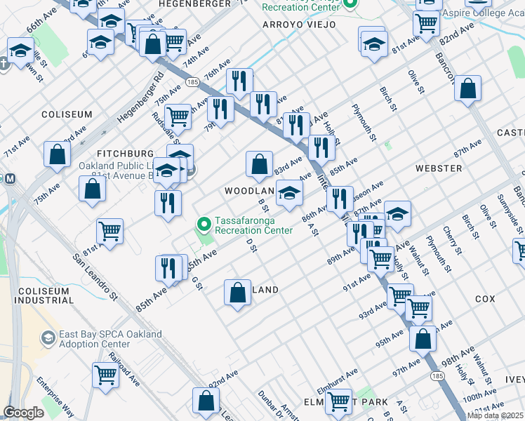 map of restaurants, bars, coffee shops, grocery stores, and more near 8411 B Street in Oakland