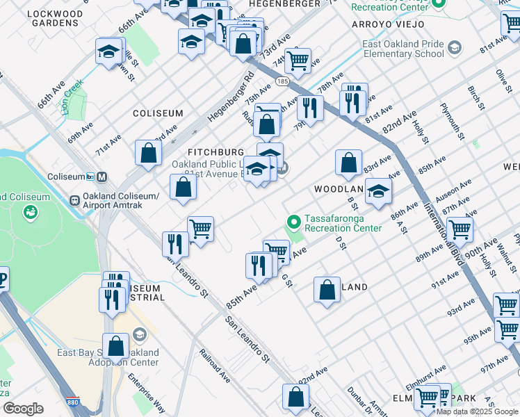 map of restaurants, bars, coffee shops, grocery stores, and more near 940 81st Avenue in Oakland