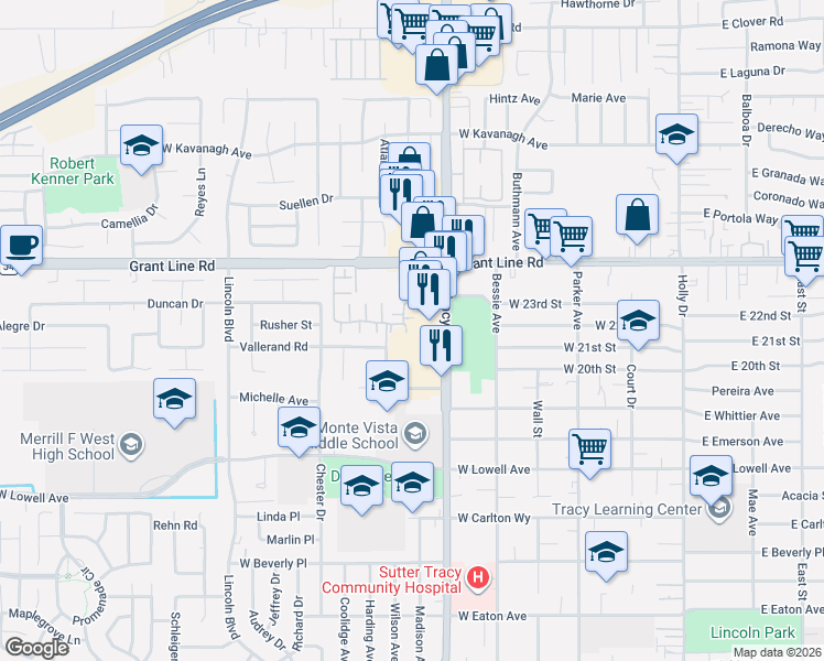 map of restaurants, bars, coffee shops, grocery stores, and more near 2162 Wildflower Court in Tracy