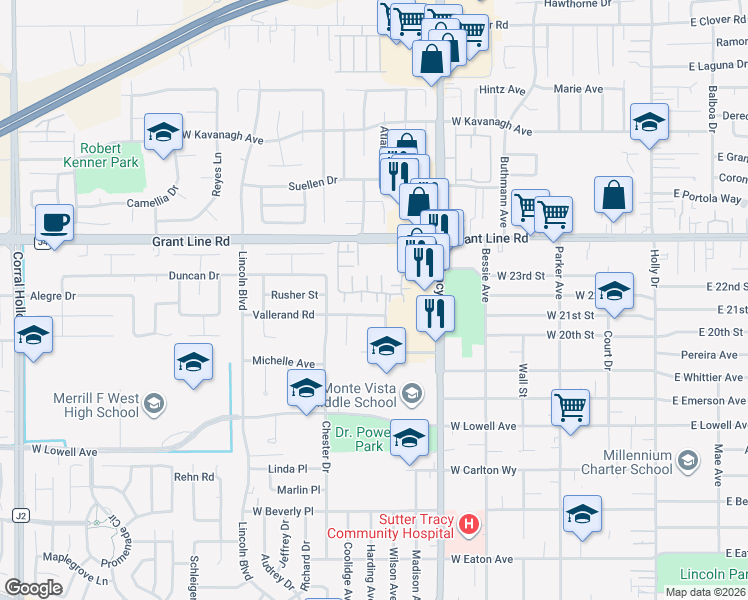 map of restaurants, bars, coffee shops, grocery stores, and more near 2157 Wynngate Court in Tracy
