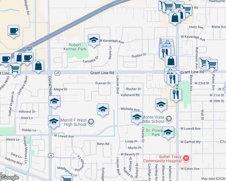 map of restaurants, bars, coffee shops, grocery stores, and more near 2160 Martin Road in Tracy