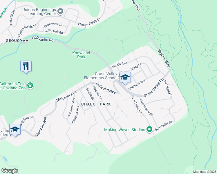 map of restaurants, bars, coffee shops, grocery stores, and more near 4515 Malcolm Avenue in Oakland