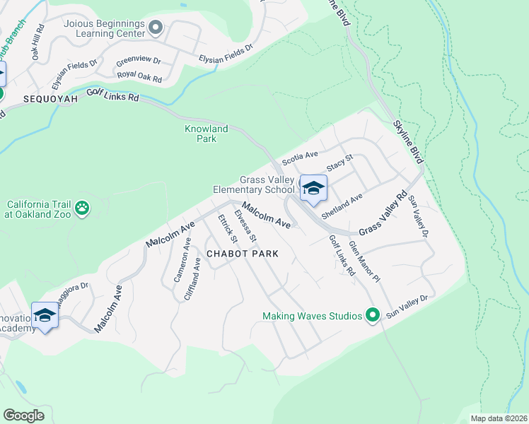 map of restaurants, bars, coffee shops, grocery stores, and more near 4463 Malcolm Avenue in Oakland