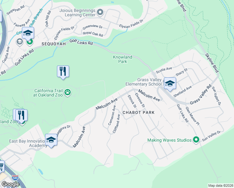 map of restaurants, bars, coffee shops, grocery stores, and more near 10700 Cameron Avenue in Oakland