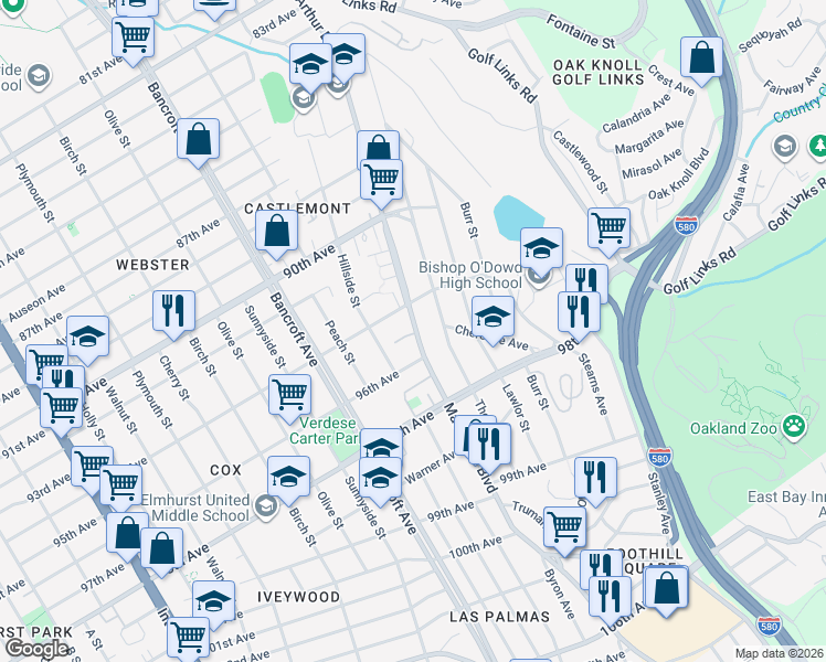map of restaurants, bars, coffee shops, grocery stores, and more near 9442 MacArthur Boulevard in Oakland