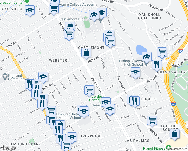 map of restaurants, bars, coffee shops, grocery stores, and more near 9301 Bancroft Avenue in Oakland
