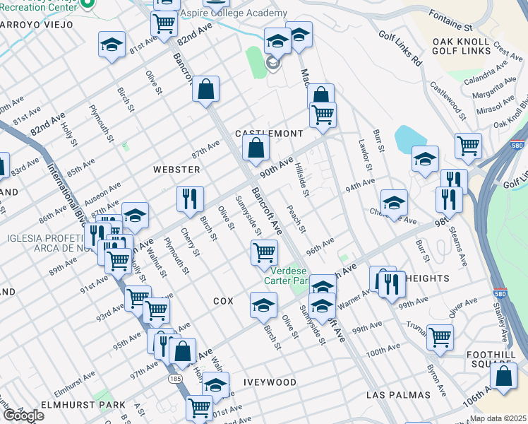 map of restaurants, bars, coffee shops, grocery stores, and more near 9301 Bancroft Avenue in Oakland